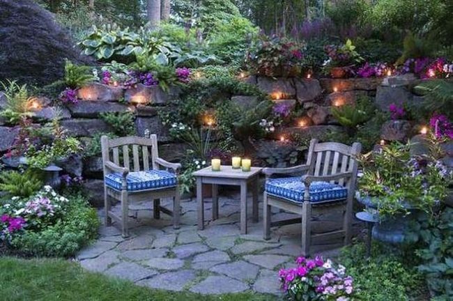 Blue Cushions Among Green Growing Things