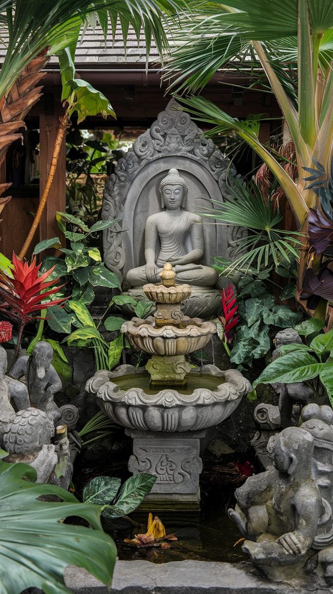 Stone Sculptures in Tropical Green