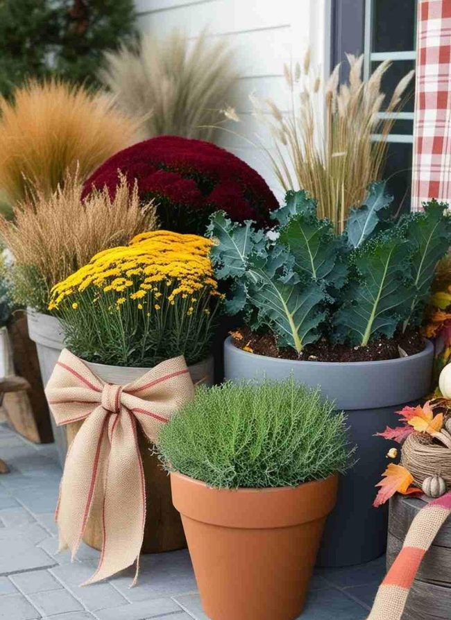 Autumn Mums In Layered Planters