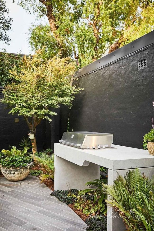 Dark Walls, Green Plants, Modern Grill