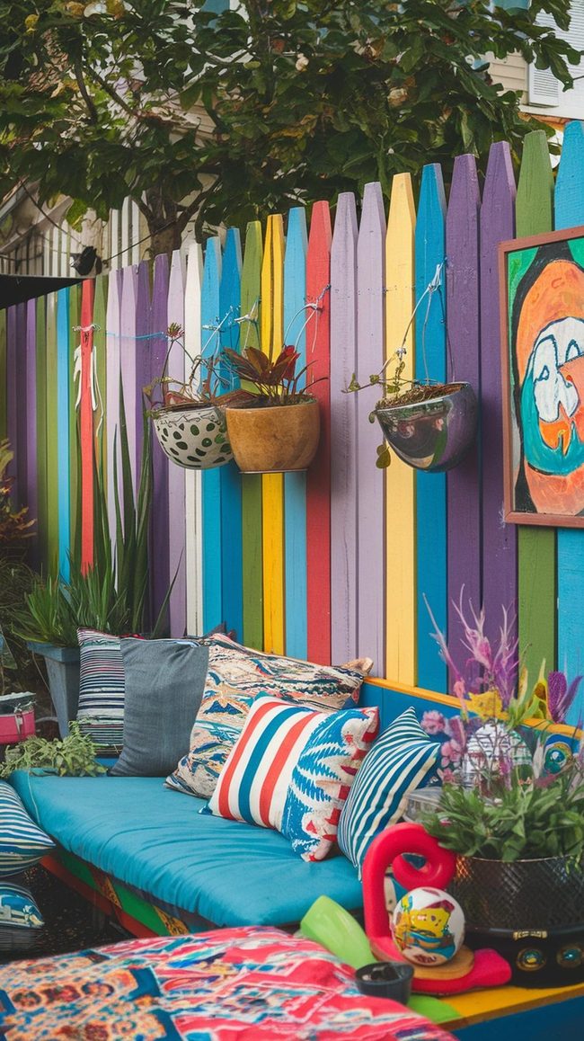 Colorful Hand-Painted Fence Art