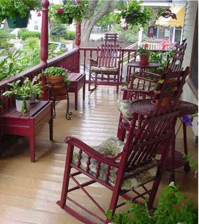 Red Chairs, Green Plants, Wood Floors