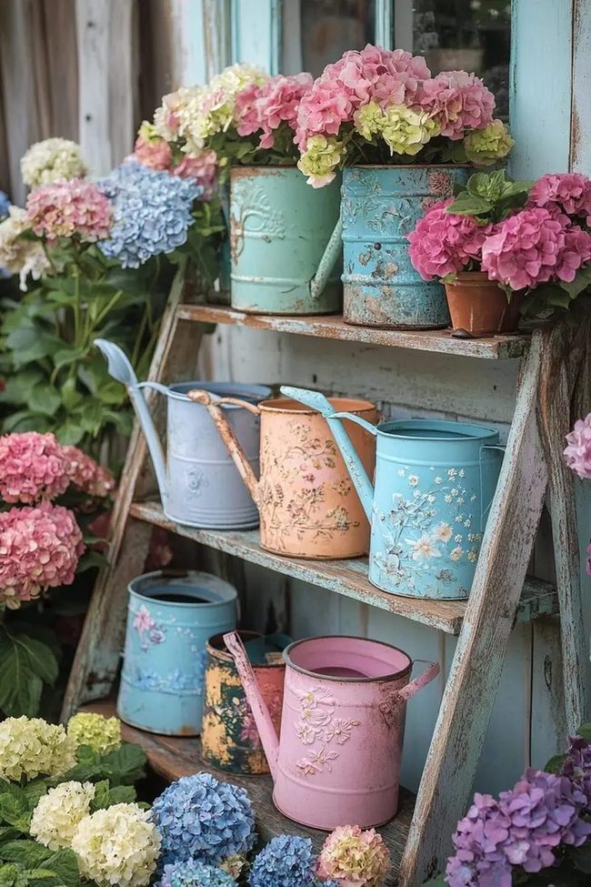 Painted Cans Bursting With Blooms
