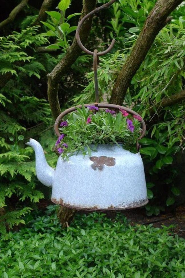Flowers Spilling From Weathered Kettle