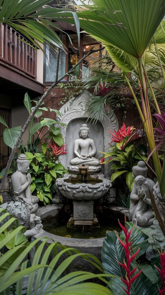 Carved Stone Animals Hidden in Greenery