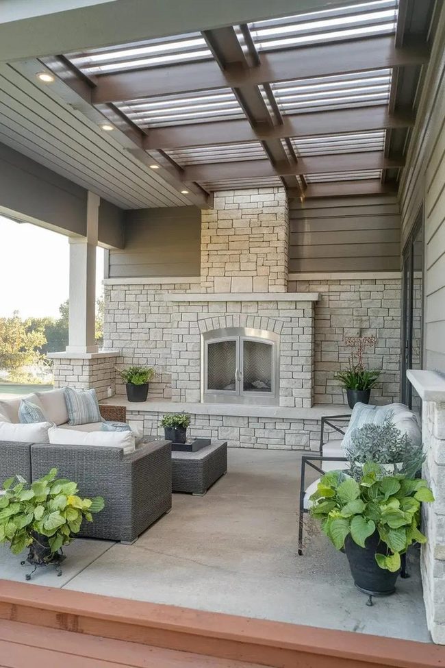 Stone Fireplace Extends Patio Seasons
