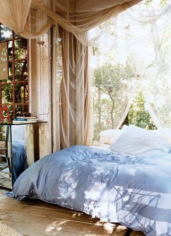 Light Blue Bedding Natural Wood Walls