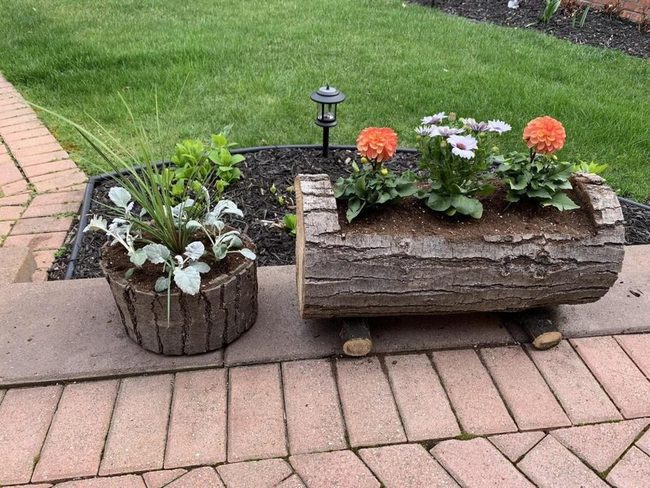 Weathered Wood Planters With Blooming Flowers