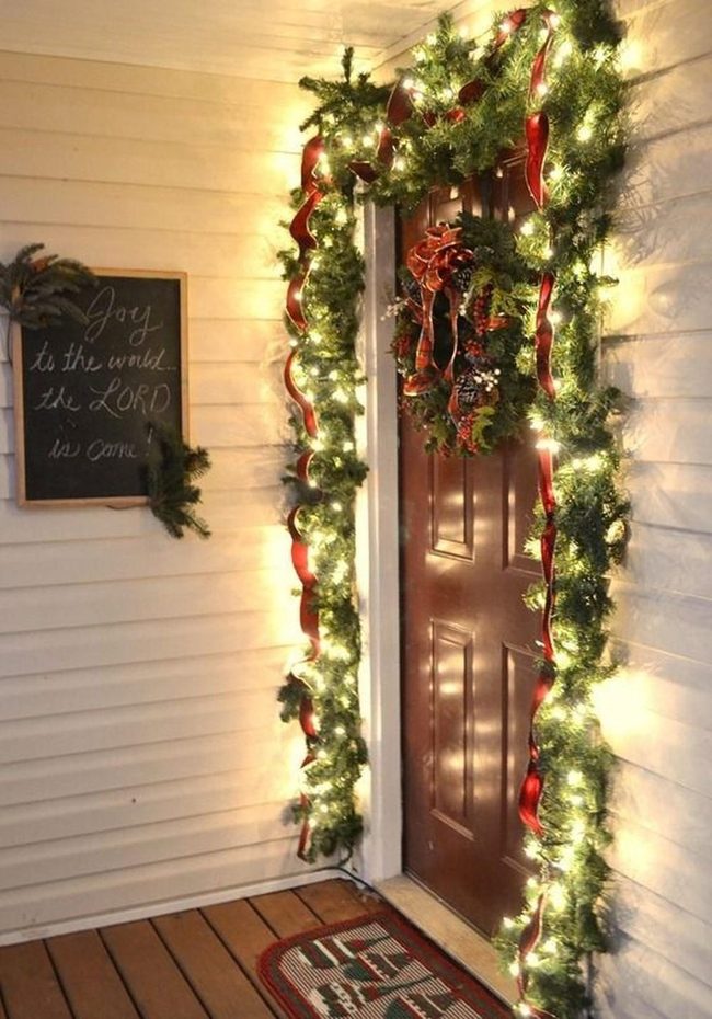 Brown Door Wrapped In White Lights