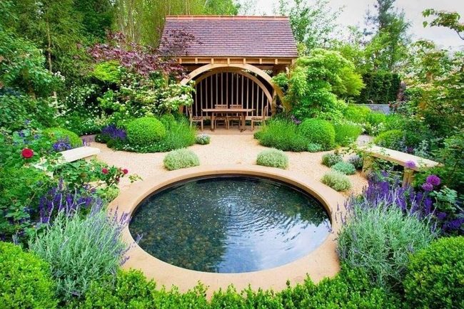 Circular Water Garden With Floating Lilies