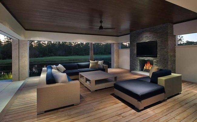 Geometric Fireplace With Warm Wood Tones