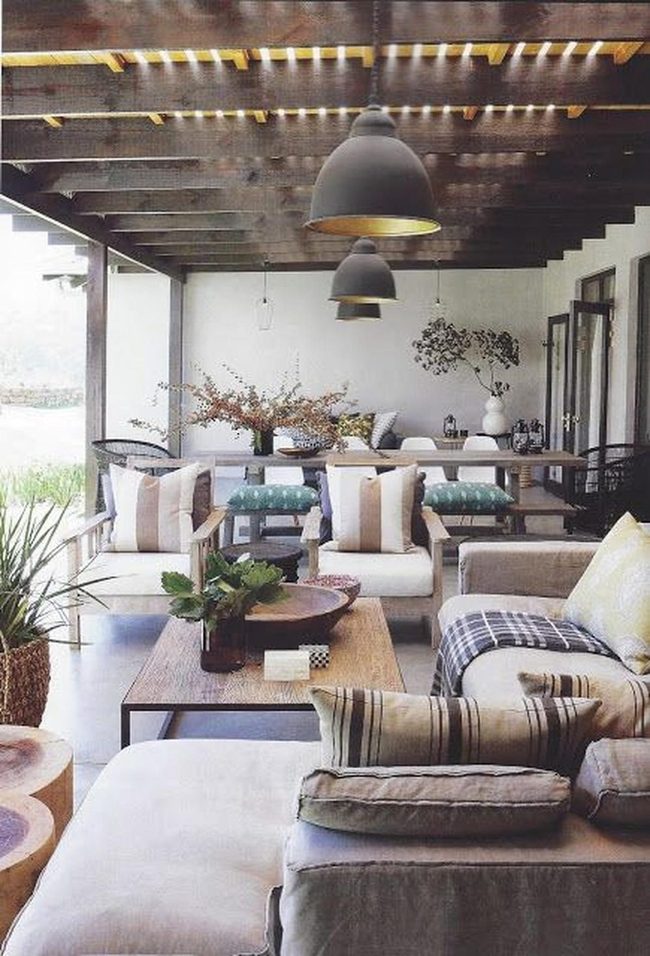 Wooden Pergola With Hanging Pendant Lights
