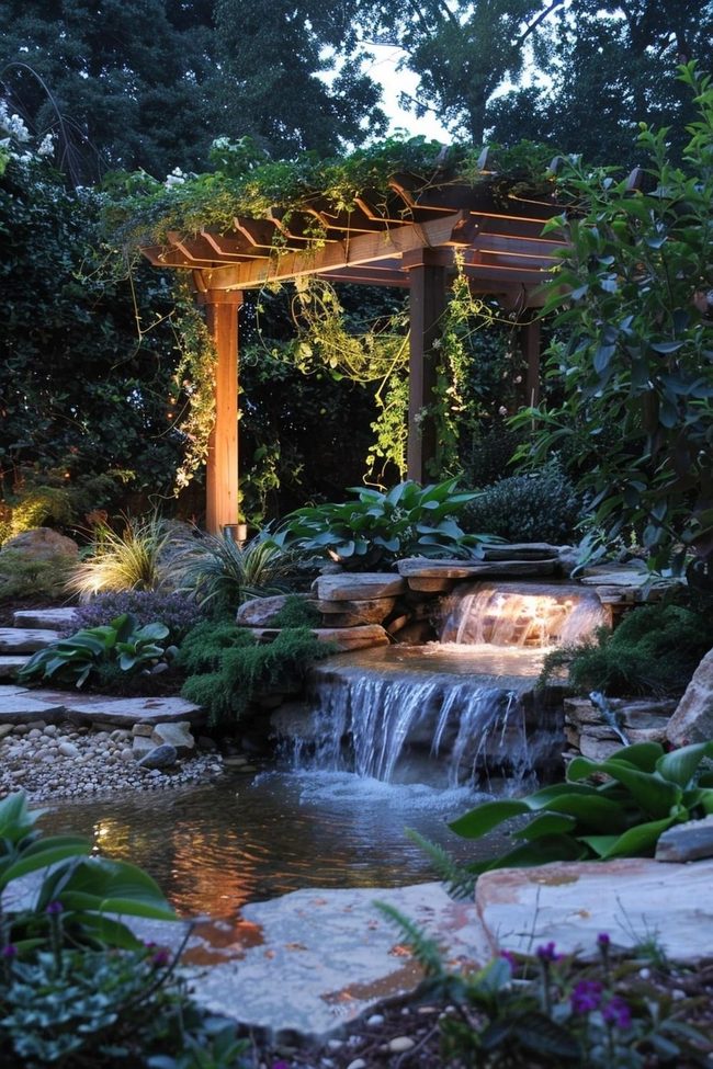 Waterfall Under Green Pergola