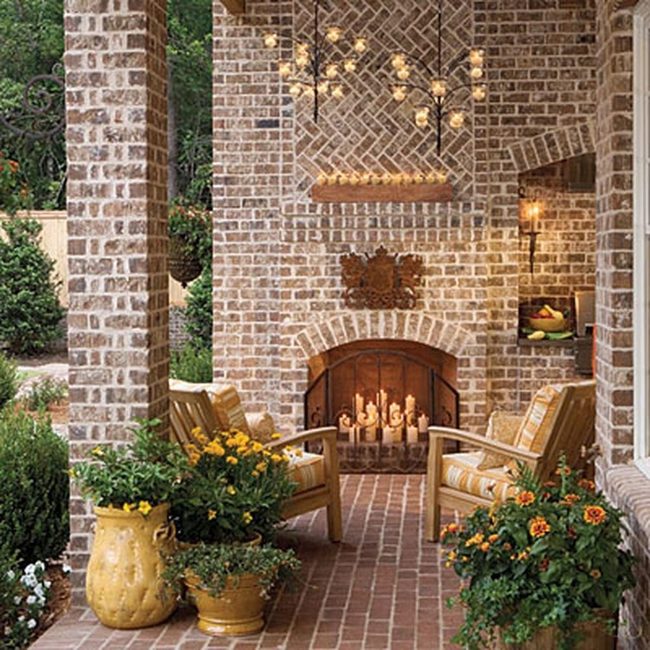 Candlelit Brick Patio With Blooming Flowers