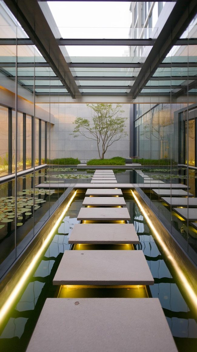 Floating Steps Over Glass-Lit Water