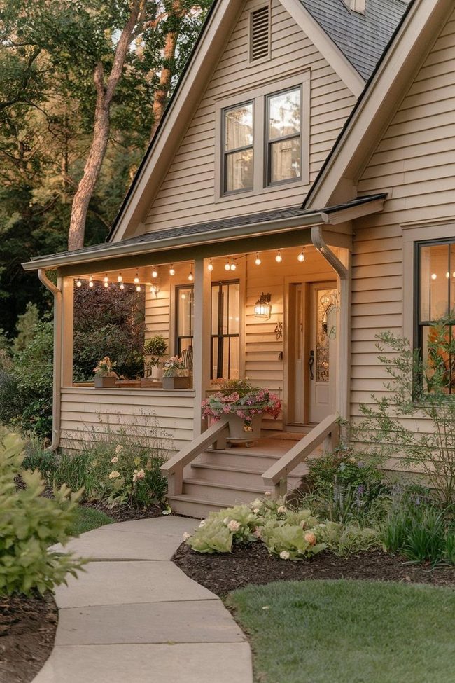 Beige Cottage with String Lighting Porch