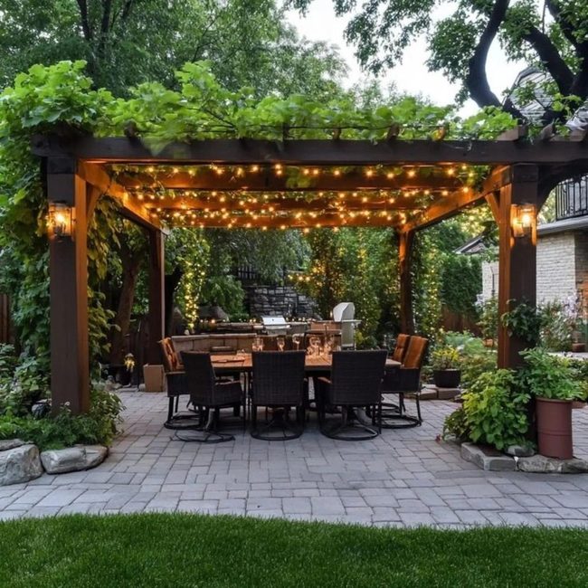 Vine-Draped Pergola With Twinkling Lights