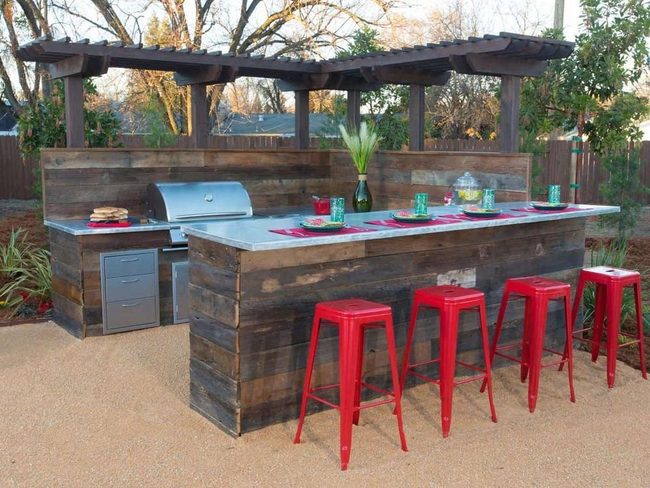 Wooden Bar Red Stools Pergola