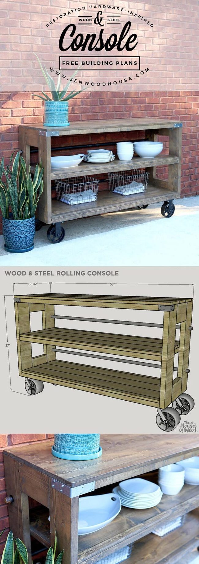 Reclaimed Wood Steel Rolling Console