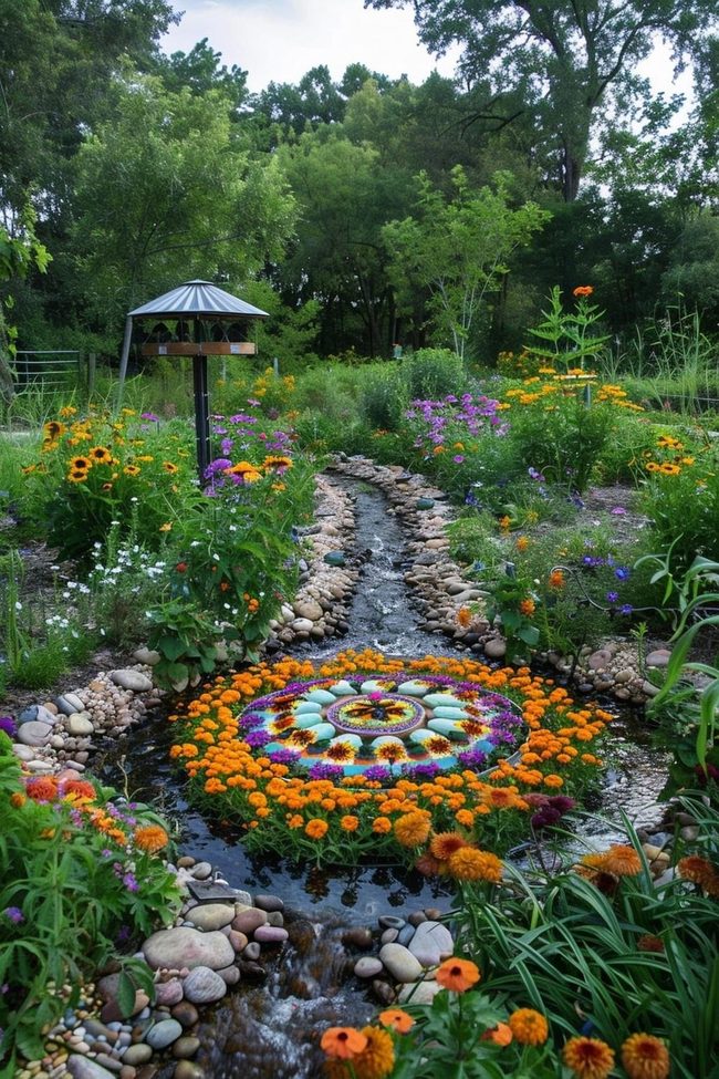 Circular Blooms Beside Flowing Water