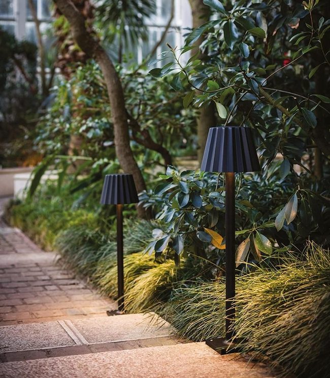 Black Lamps, Stone Path, Garden Escape