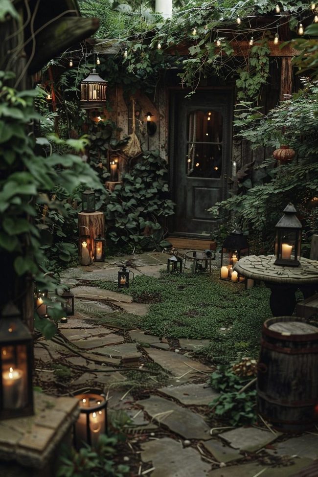 Lantern-Lit Stone Yard Passage