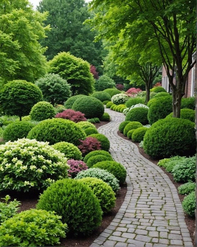 Winding Garden Path Through Shrubs