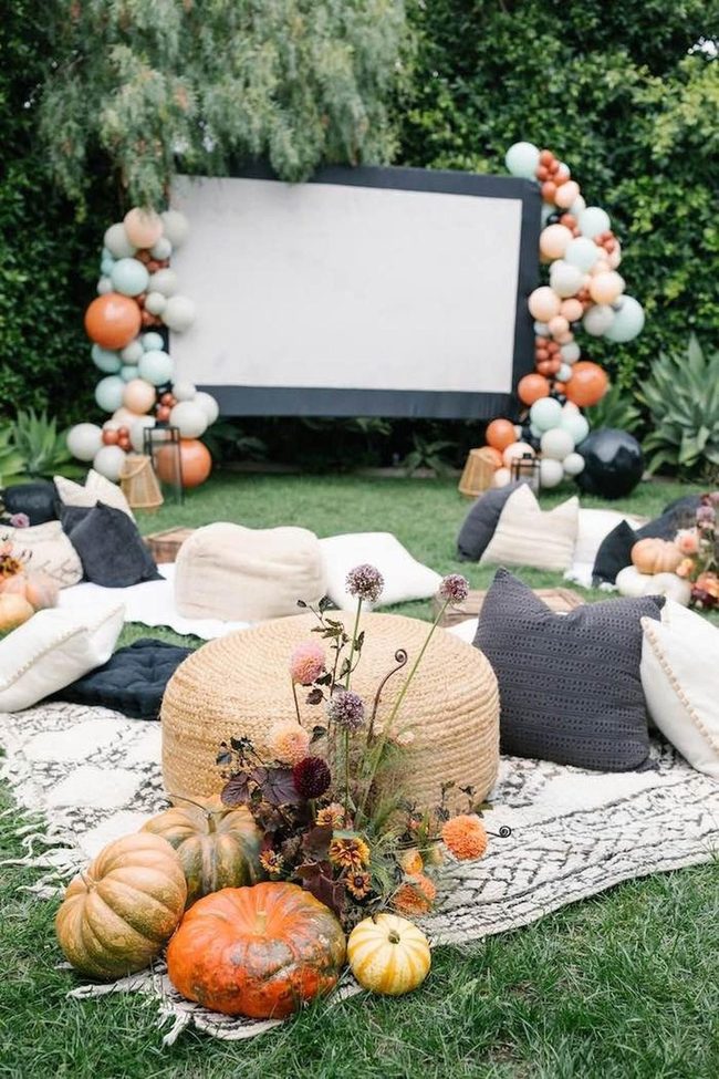Backyard Movie Night With Autumn Balloons