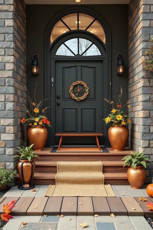Midnight Blue Entrance with Copper Planters