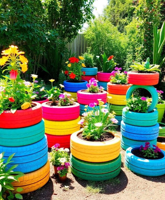 Colorful Stacked Tires Terrace Planters