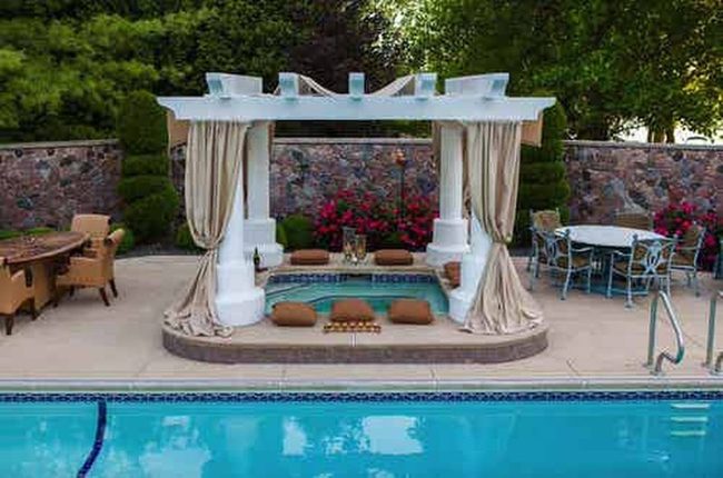 Neutral Fabric Panels Pool Privacy