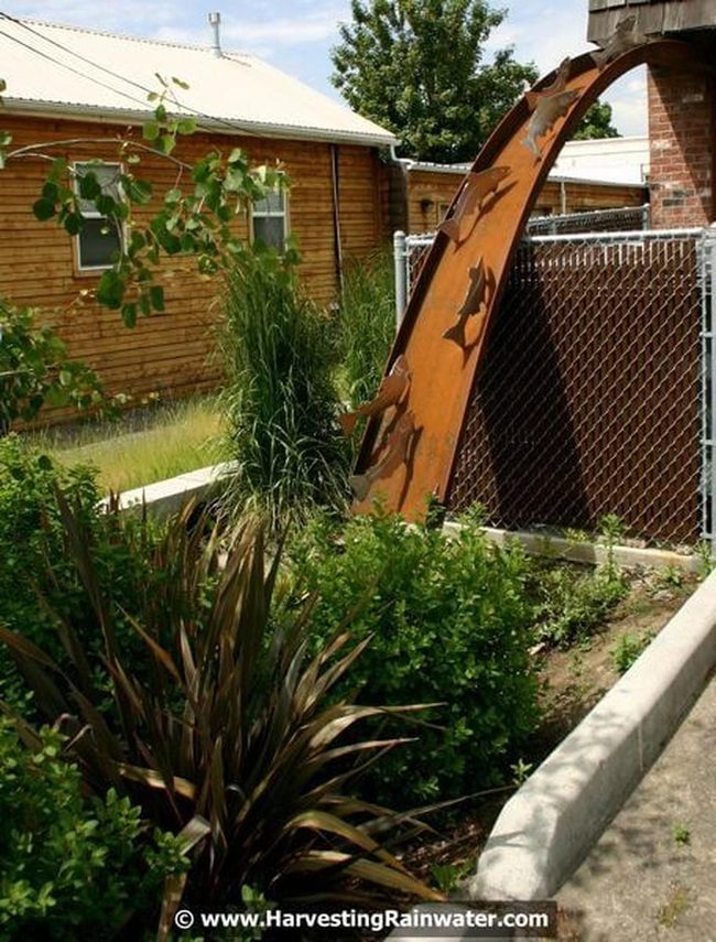 Curved Metal Arch With Rain Garden