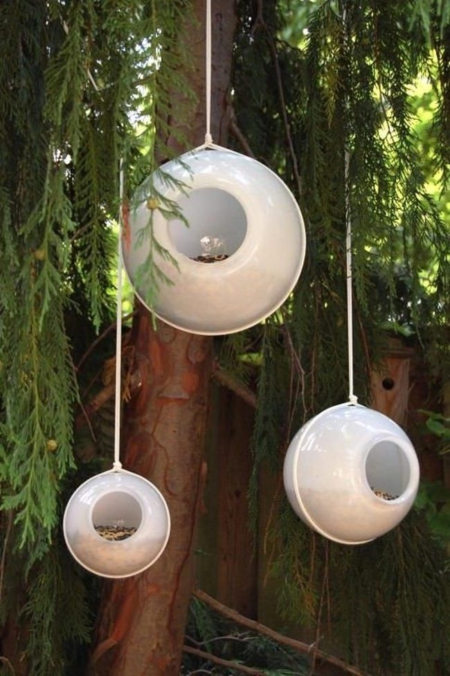 White Ceramic Bird Feeders Hanging