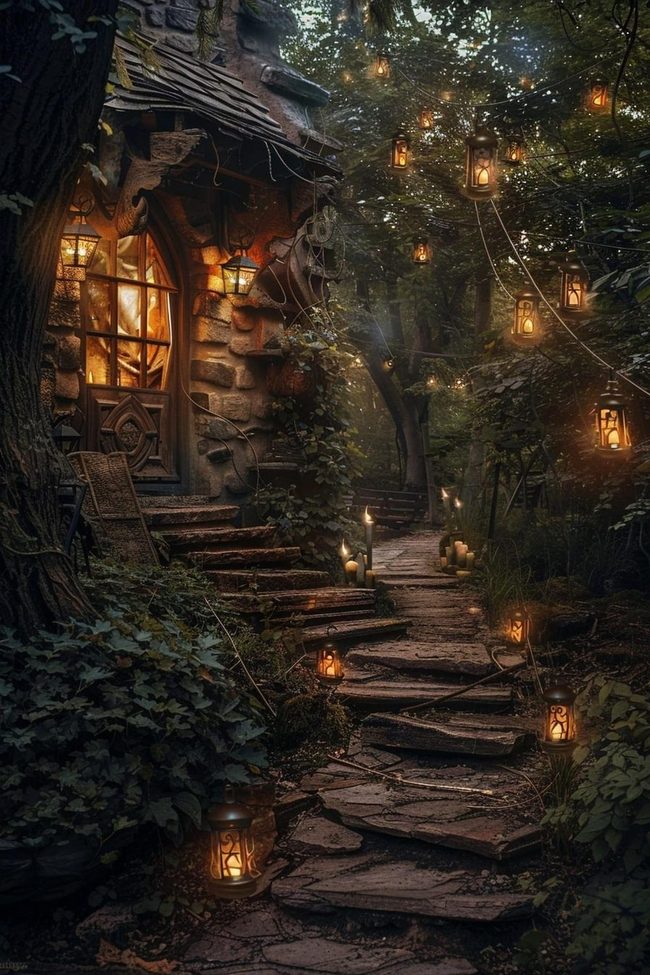 Lantern-Lit Stone Path Forest