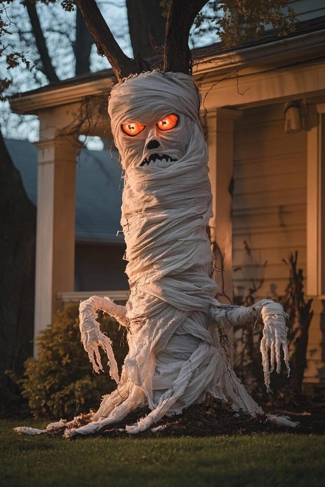White-Wrapped Tree Mummy Display