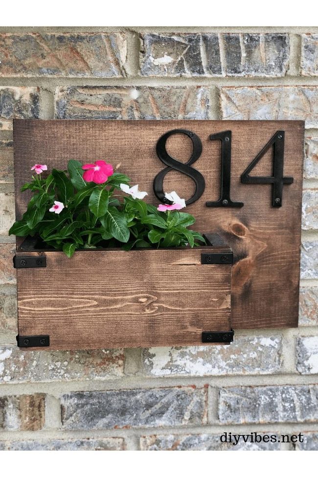 Wooden Box With Flowers And House Numbers