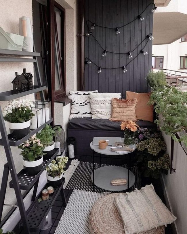 Dark Wood Balcony With Glowing Lights