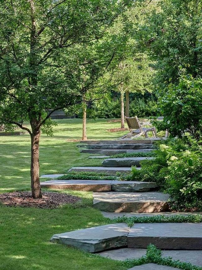 Stone Pathways Through Layered Garden