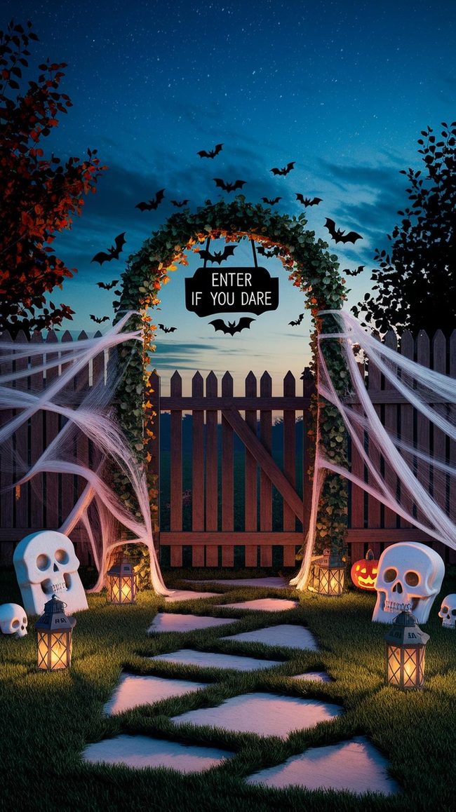 Black Web-Draped Halloween Gate Entrance