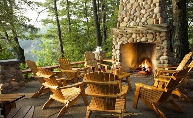 Gray Stone Fireplace Wooden Benches