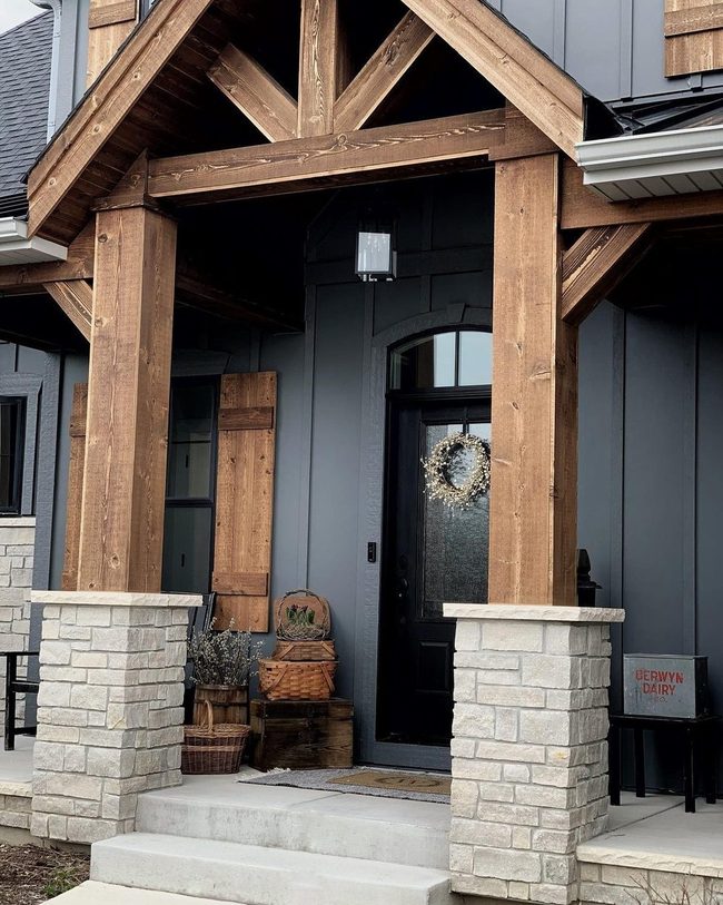 Stone Pillars Frame Natural Wood Entry