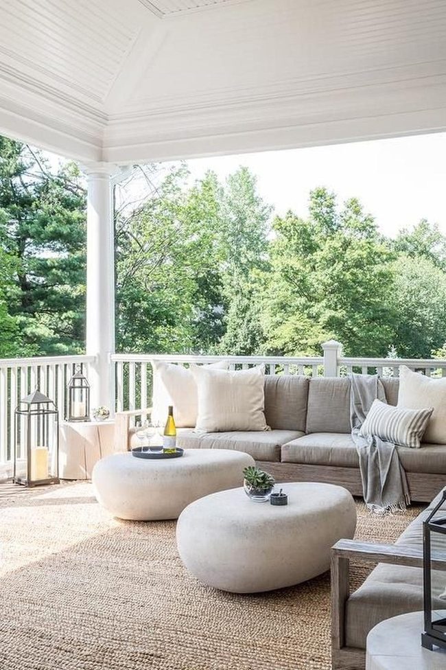Gray Sofas White Columns Green Trees