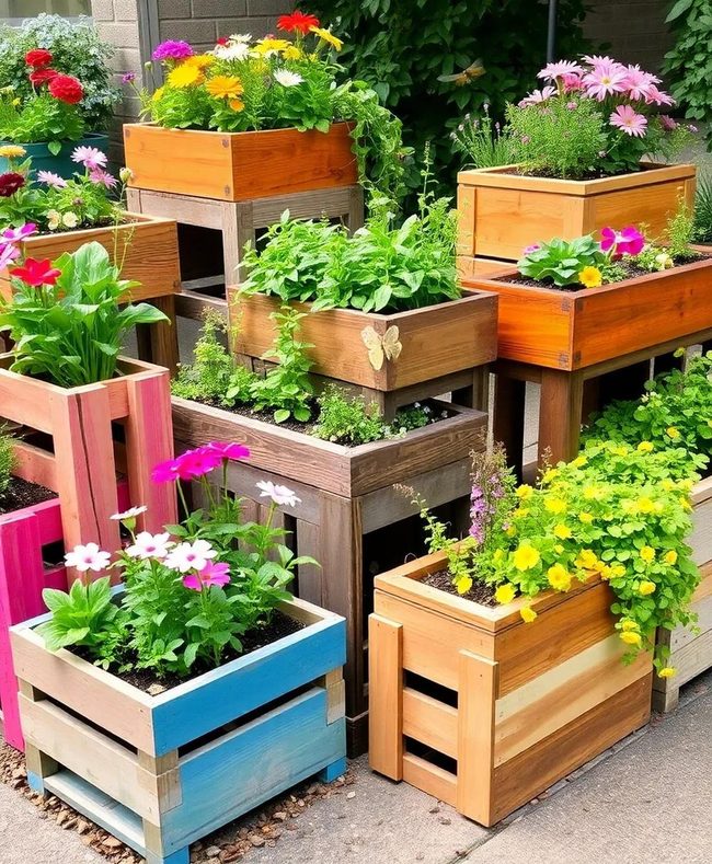 Mismatched Farmhouse Timber Planters Stacked High