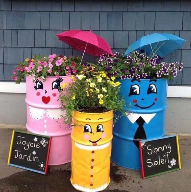 Painted Bins Bloom Into Garden Art