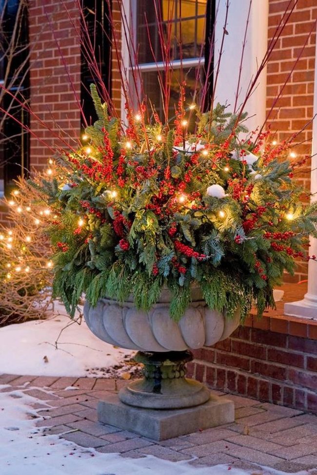 Red Berry Stone Planter Winter