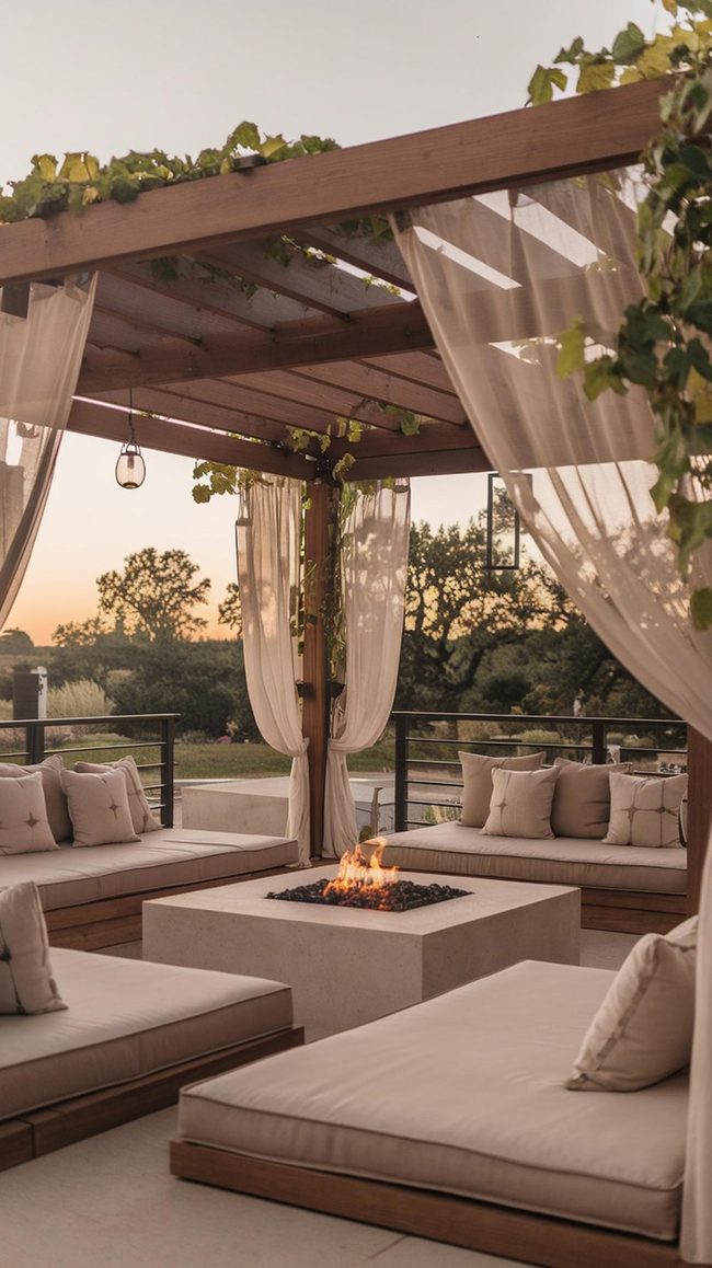 Pergola Frame With Firepit And Hanging Lights