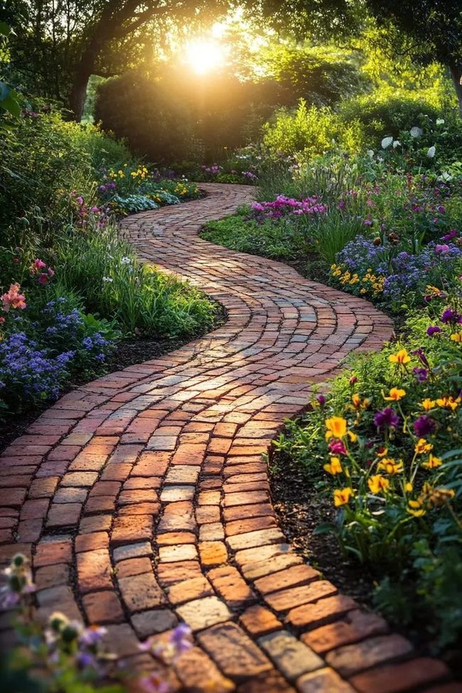 Flower-Lined Brick Garden Pathways