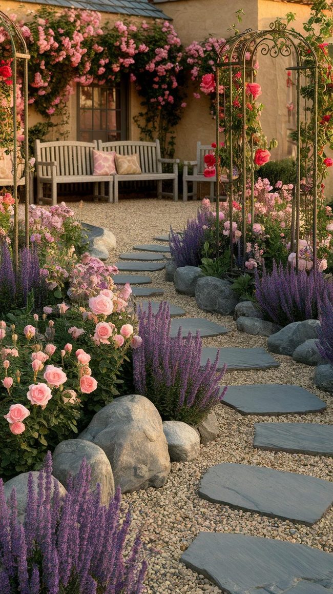 Colorful Flowers With Stone Pathways