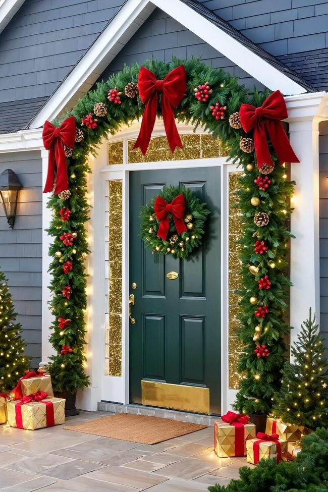 Giant Wreath Golden Bells Red Ribbons
