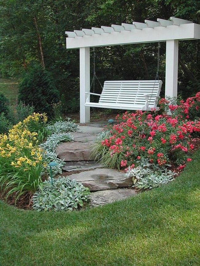 White Pergola Swing Garden Paradise